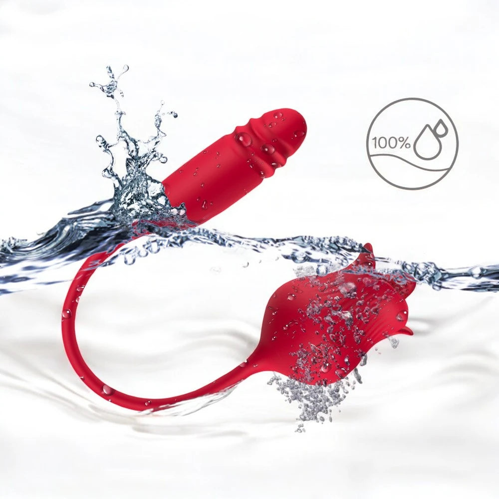 A red rose shaped double ended vibrator. One end with a tongue and the other end with a thruster.