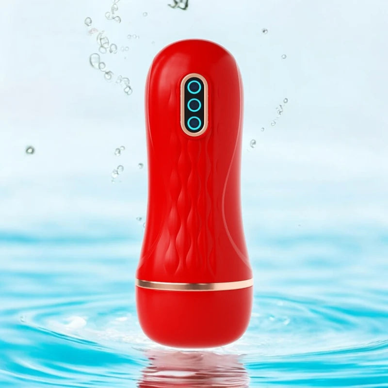 A red handheld rechargeable electric masturbating cup.