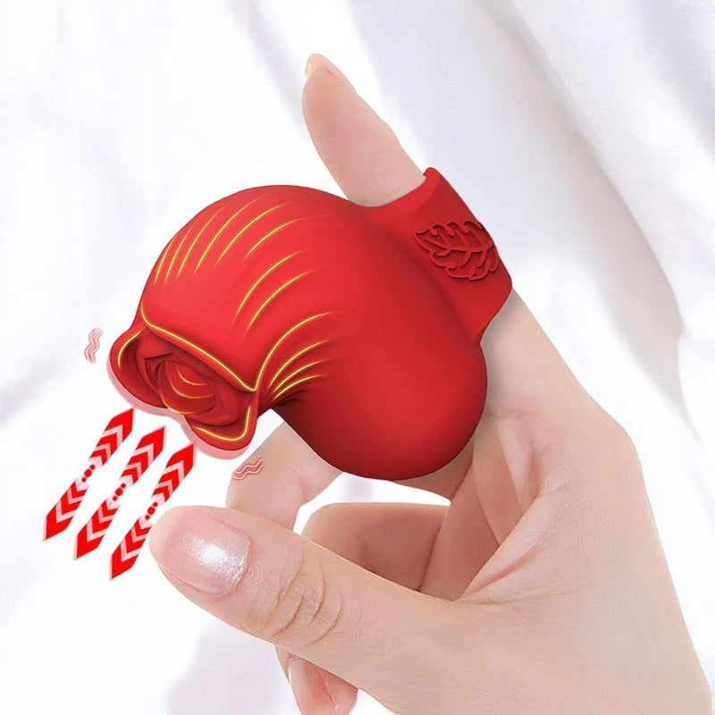 A small and handy red rose shaped finger vibrator designed to be worn on the finger for pinpoint precision.