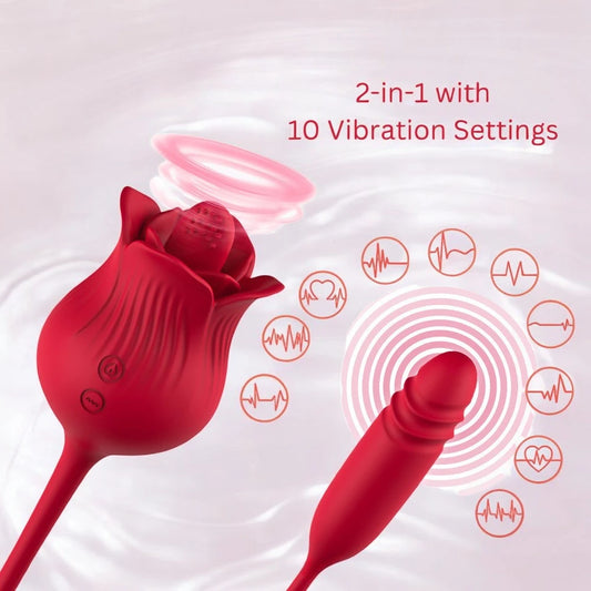 A red rose shaped double ended vibrator. One end with a tongue and the other end with a thruster.