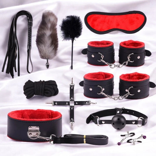 A set of BDSM kit including silk restraints, a leather flogger, a feather tickler, a black and red blindfold, a ball gag, a leather collar, a paddle, and a chain leash.