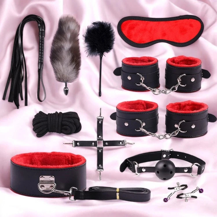 A set of BDSM kit including silk restraints, a leather flogger, a feather tickler, a black and red blindfold, a ball gag, a leather collar, a paddle, and a chain leash.