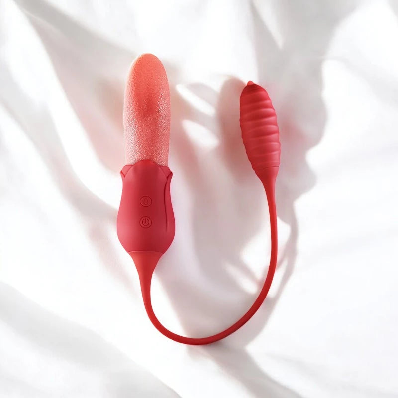 A realistic double ended red tongue vibrator with a ribbed clitoris simulator on the other end.
