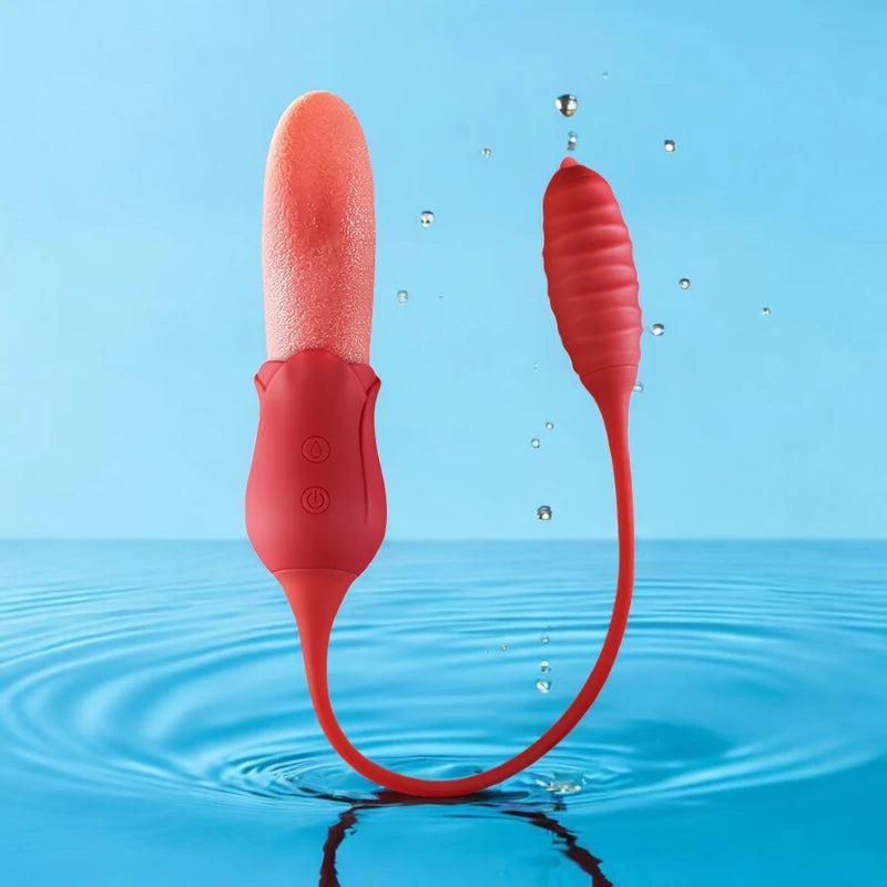 A realistic double ended red tongue vibrator with a ribbed clitoris simulator on the other end.