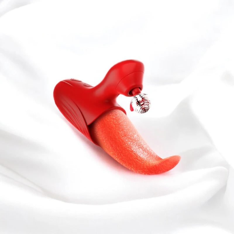 A realistic red tongue vibrator with a clitoris simulation to simulate oral sex.
