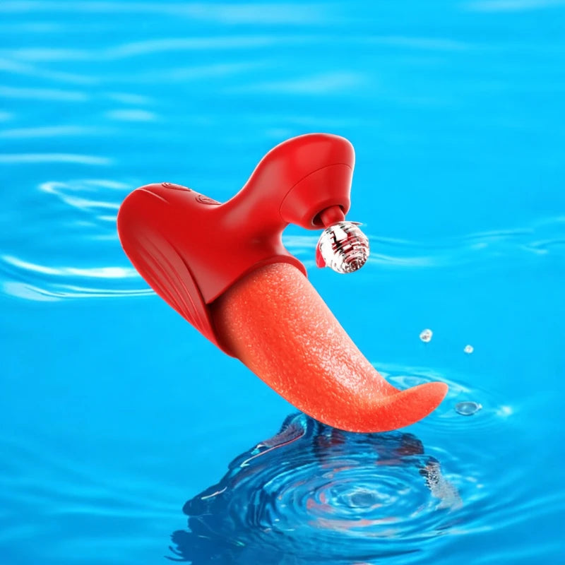 A realistic red tongue vibrator with a clitoris simulation to simulate oral sex.