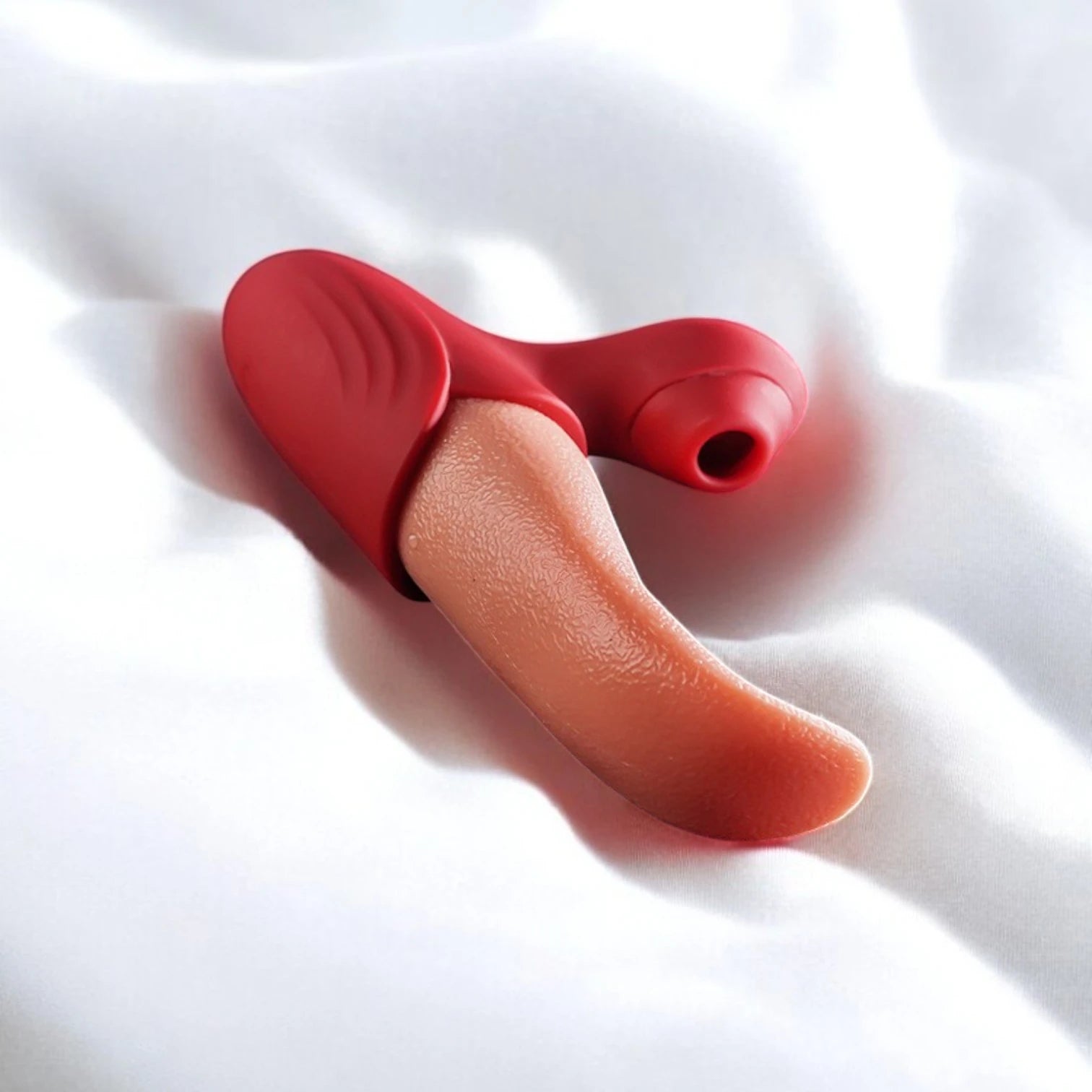 A realistic red tongue vibrator with a clitoris suction to simulate oral sex.
