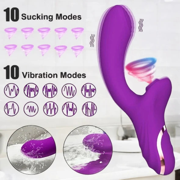 A smooth silky curved design purple dildo with clitoris suction.