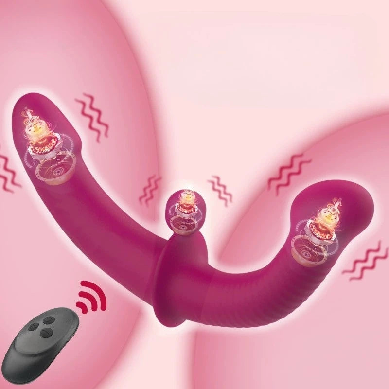 A purple double ended dildo with a remote control.