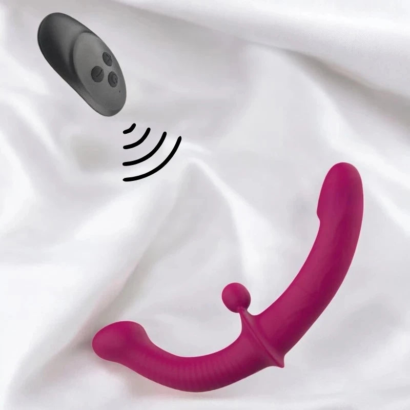 A purple double ended dildo with a remote control.